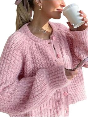 🌸💕 Willow & Wind Anthropologie Pink Button-Down Cardigan Sweater Oversized S